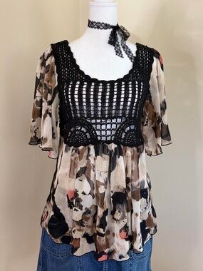 Vintage Y2K boho grunge rockstar gf black lace crochet chiffon babydoll blouse S